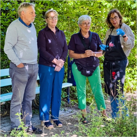 Bildtext: Gespr&auml;ch beim neuen Sinnesgarten. Im Foto von links Wilfried T&ouml;pfer (Ehrenvorsitzender des Gr&uuml;nen Kreises), Sabine Markmann (Schatzmeisterin des Gr&uuml;nen Kreises), Sybille B&ouml;schen (Vorsitzende des Gr&uuml;nen Kreises) und Doris V&ouml;lkel (Leiterin des Lotte-Lemke-Hauses).